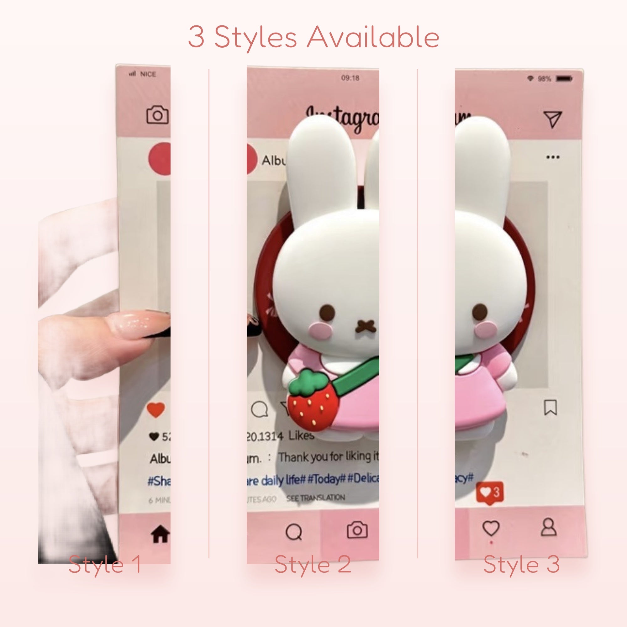 Kawaii White Bunny Phone Grip | Cute Strawberry Pop Socket Stand
