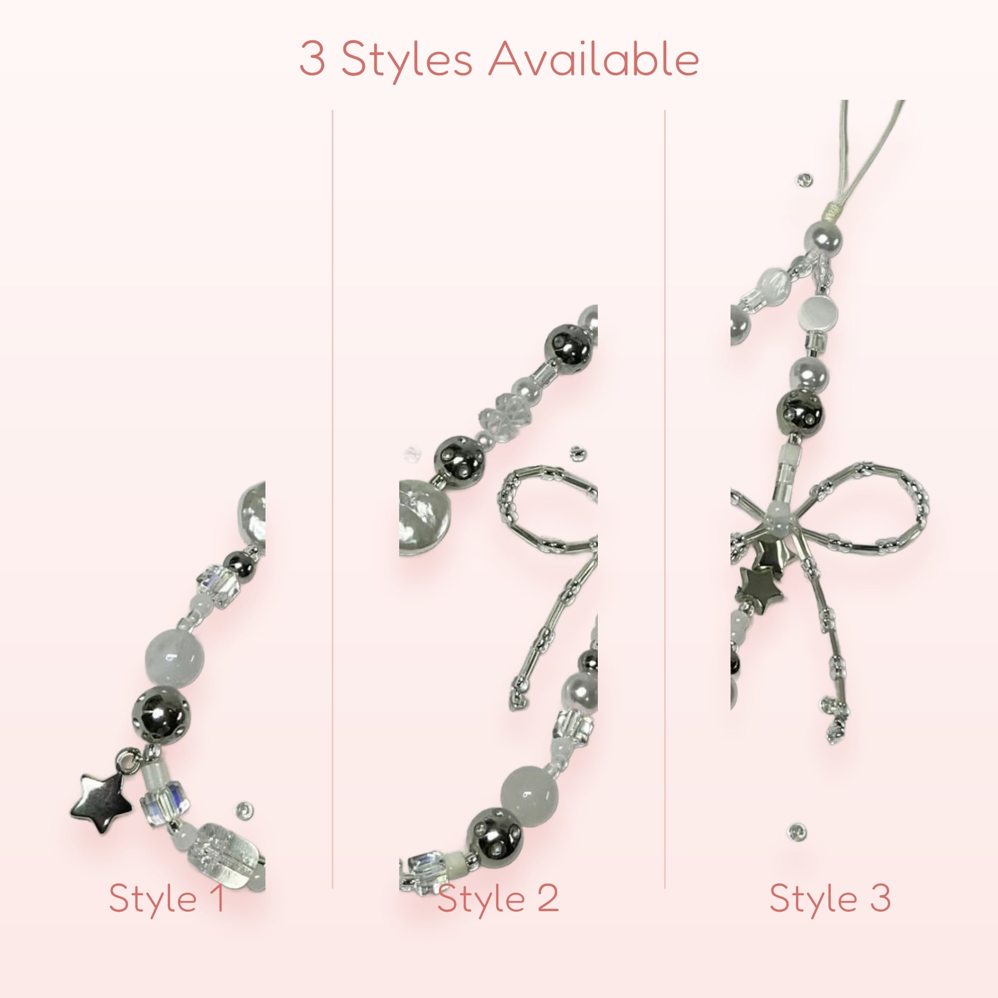 SIMPLYBUBBI — Lunar Bow & Star Beaded Phone Strap | Silver & White Lanyard