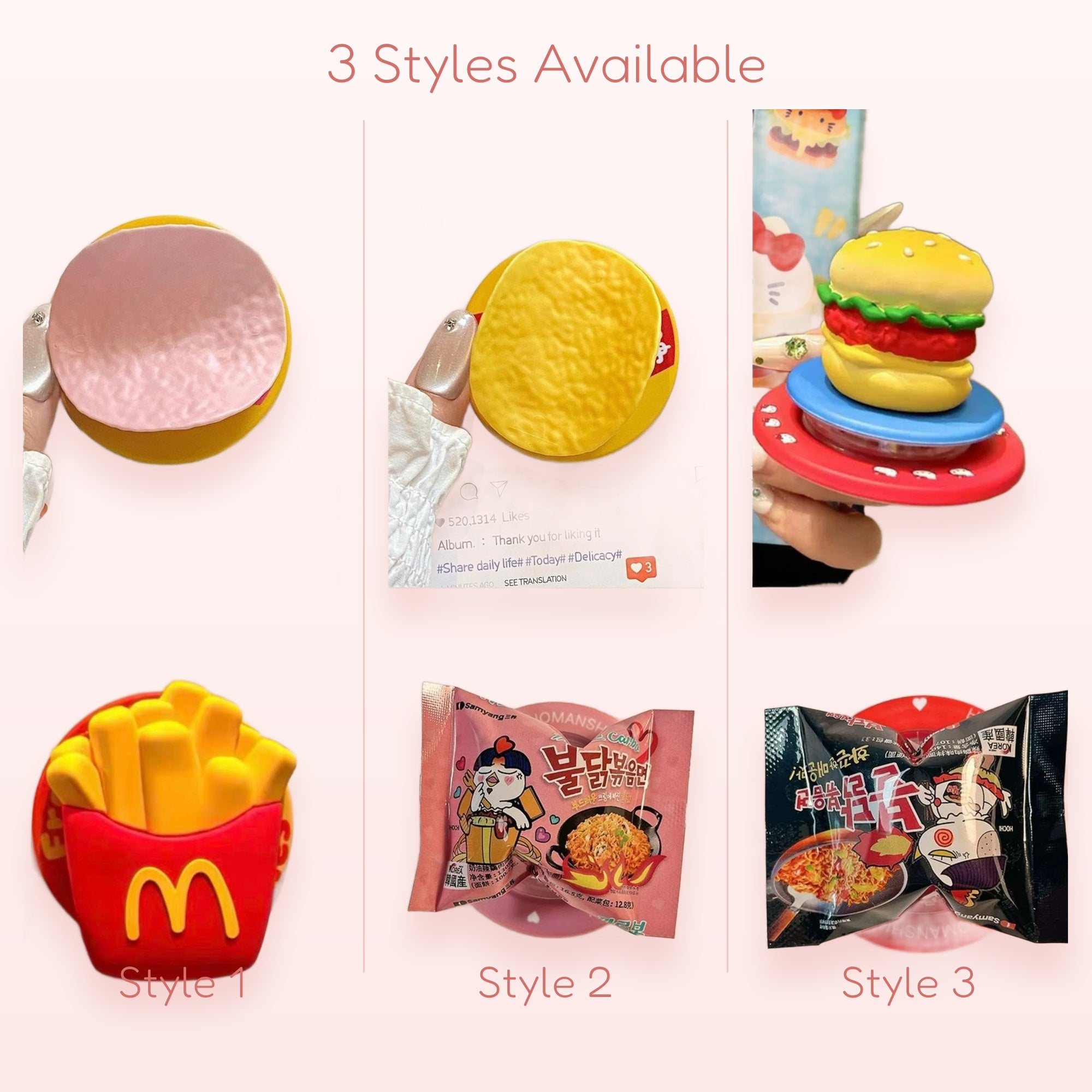 Kawaii Fast Food Phone Grips | Cute Hamburger Fries Ramen Pop Socket Stand