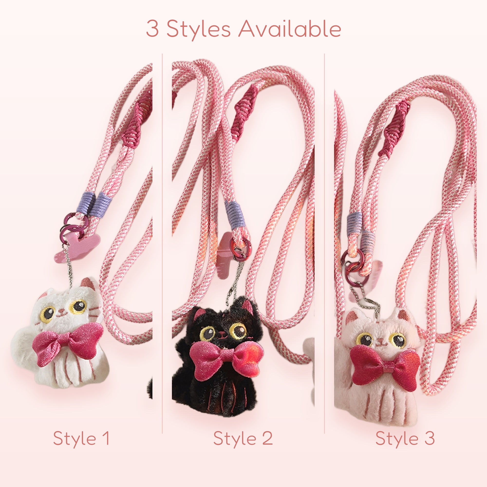 Cute Plush Cat Phone Charm Lanyard | Kawaii Pink Rope Strap with Kitty Pendants