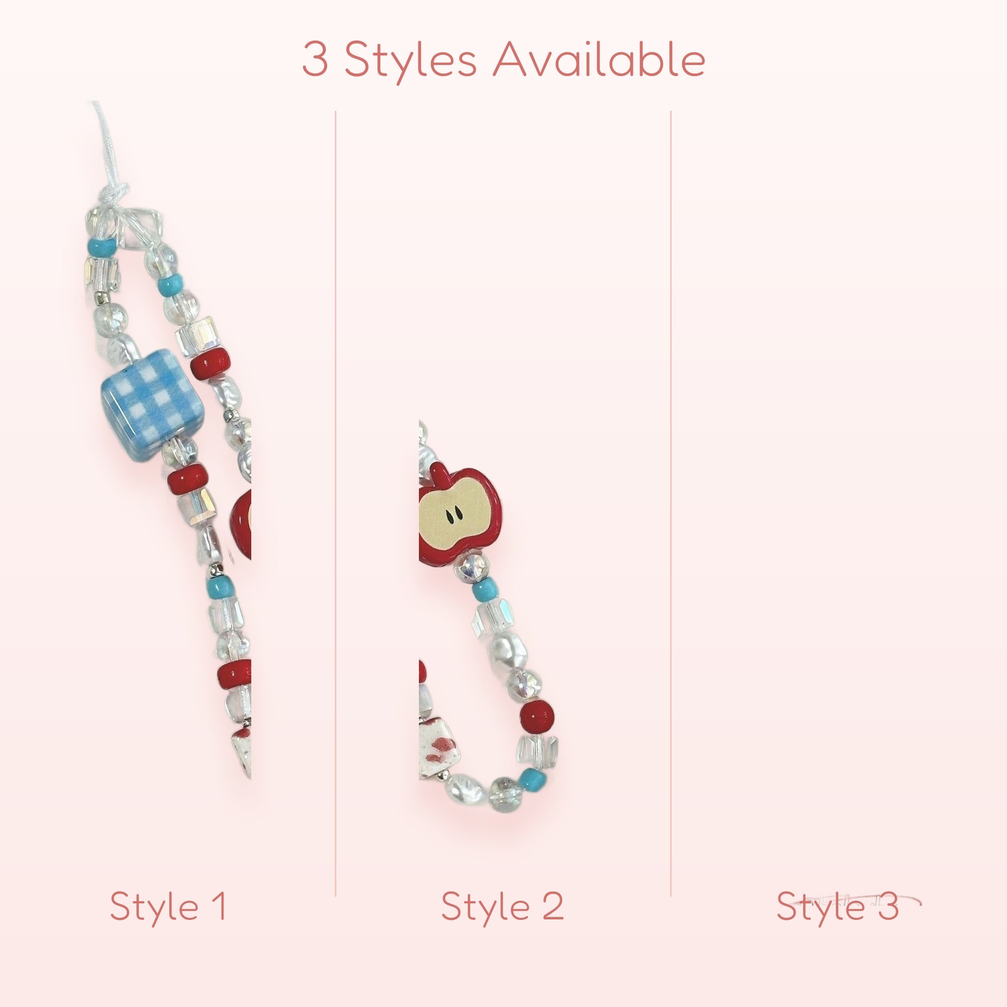 Cute Apple & Gingham Beaded Phone Charm | Aesthetic Red Blue White Wrist Strap