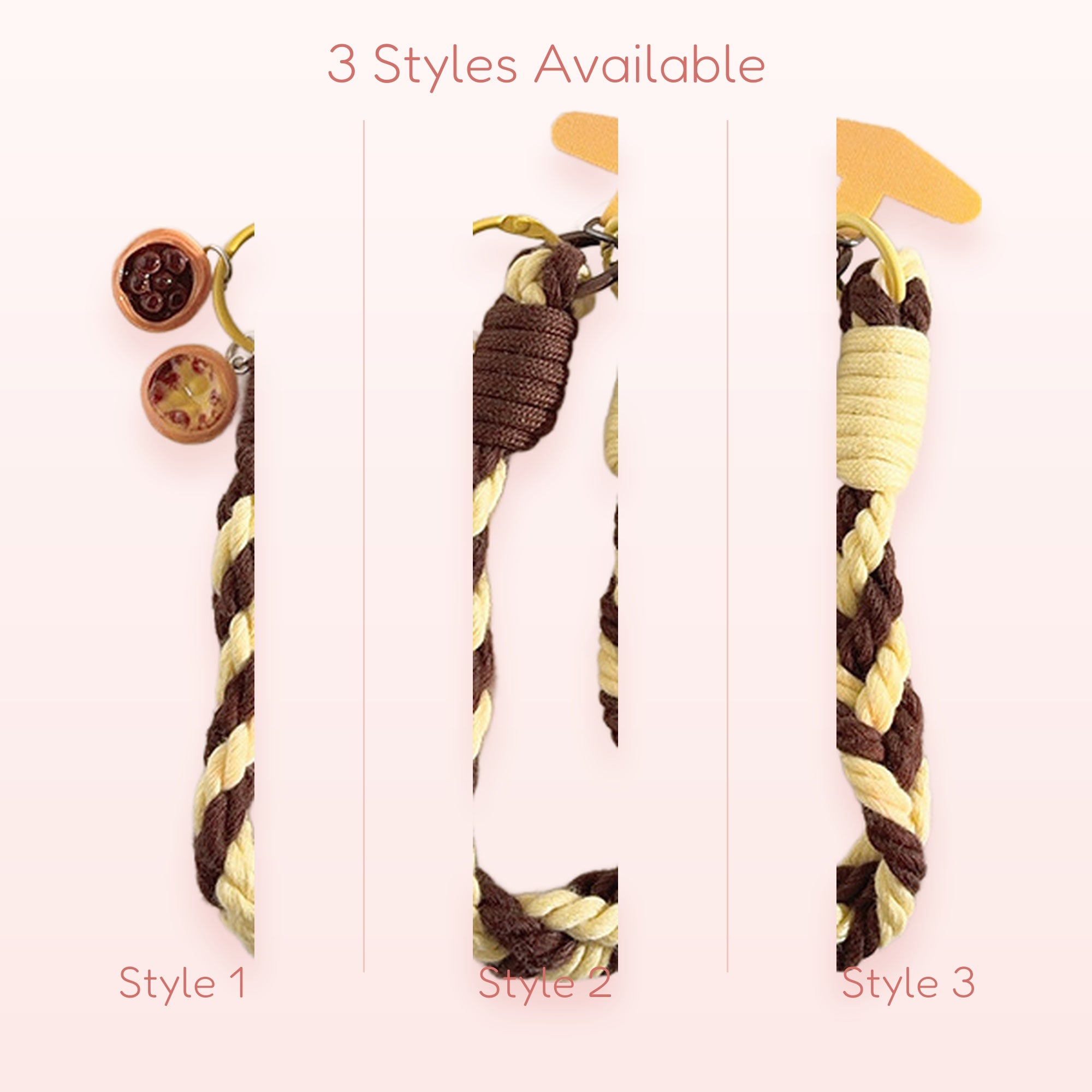 Braided Brown & Cream Phone Charm | Cute Wrist Strap with Mini Food Charms