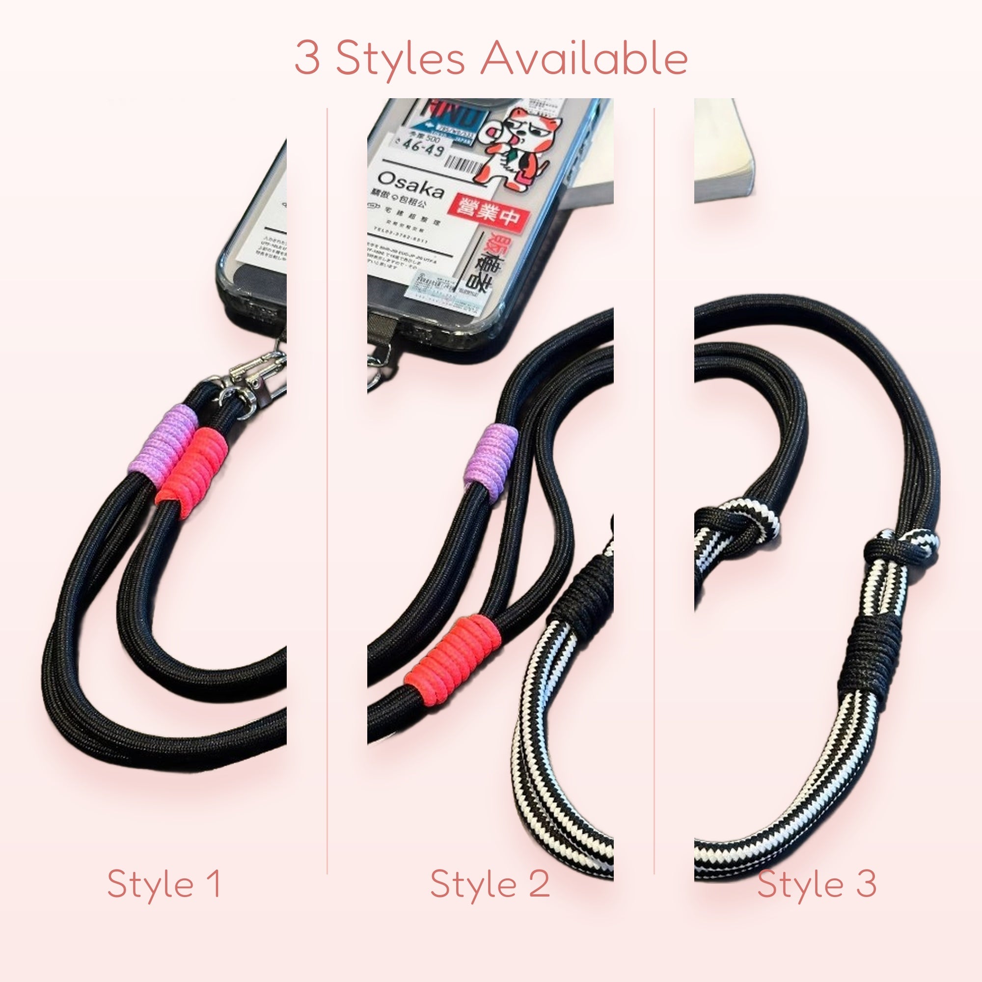 Black & White Striped Rope Phone Lanyard | Adjustable Crossbody Strap with Pink & Purple Accents