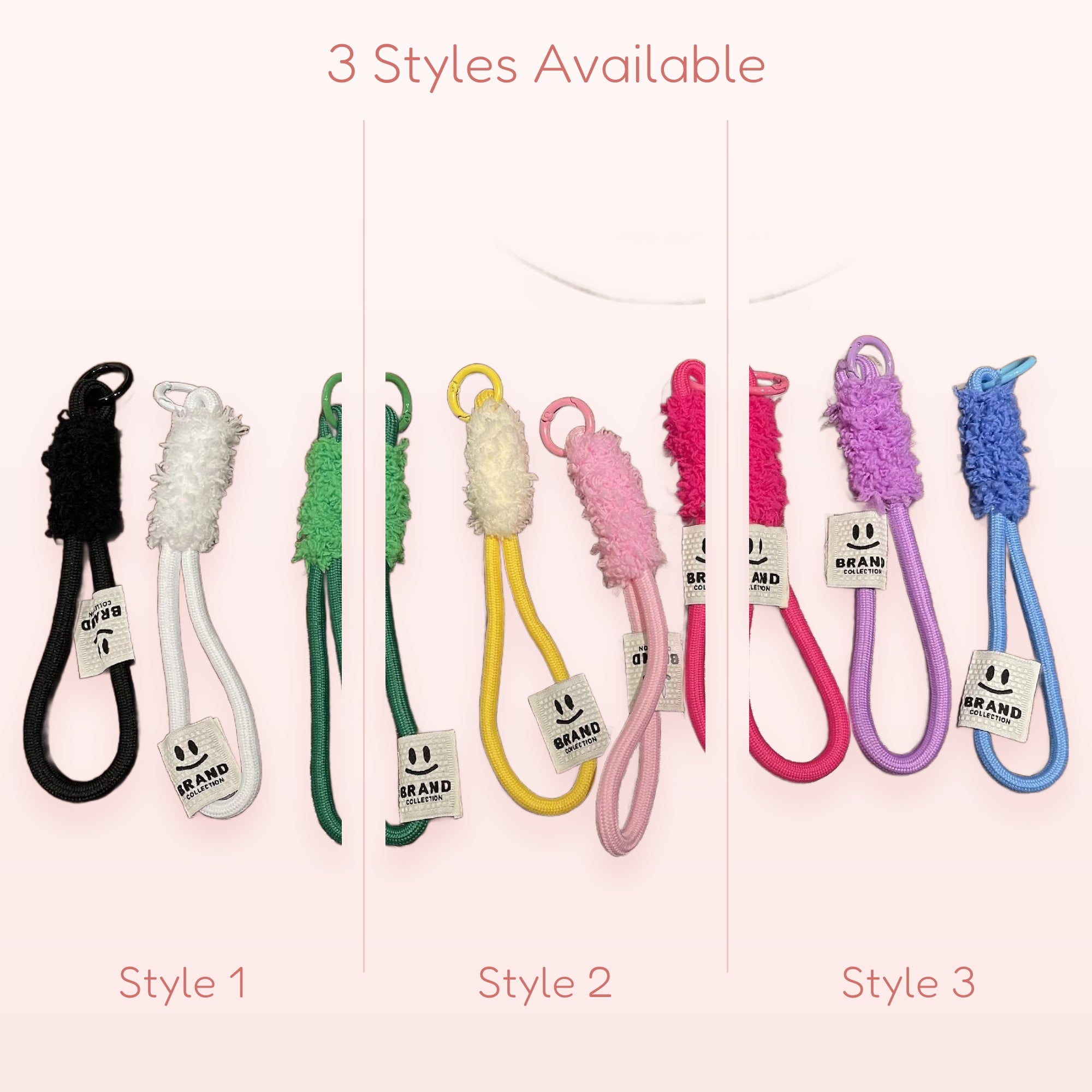 Fluffy Cord Phone Charm Straps | Colorful Wrist Lanyards with Smiley Face Tags