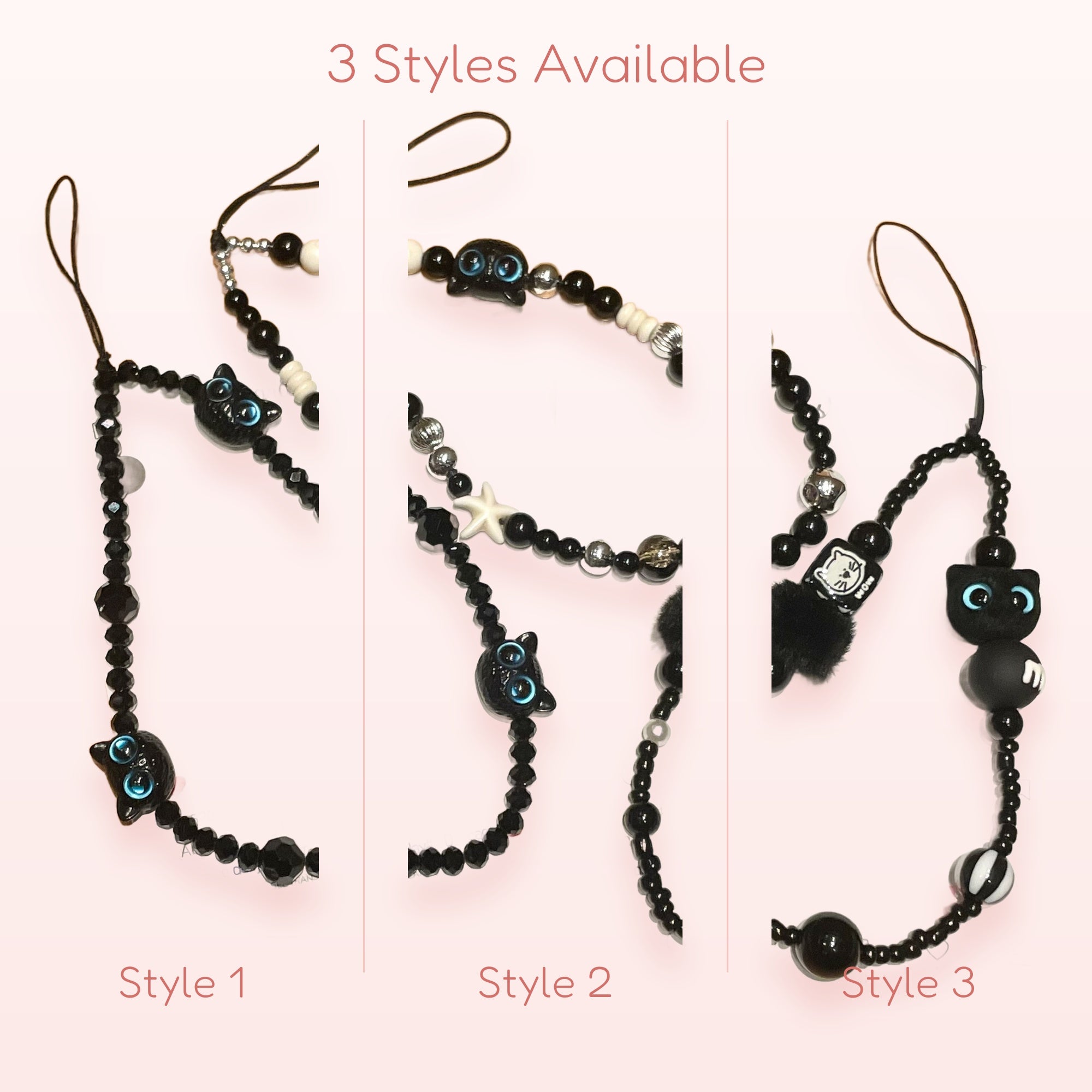 Kawaii Black Cat Beaded Phone Charm Strap | Cute Y2K Wrist Lanyard