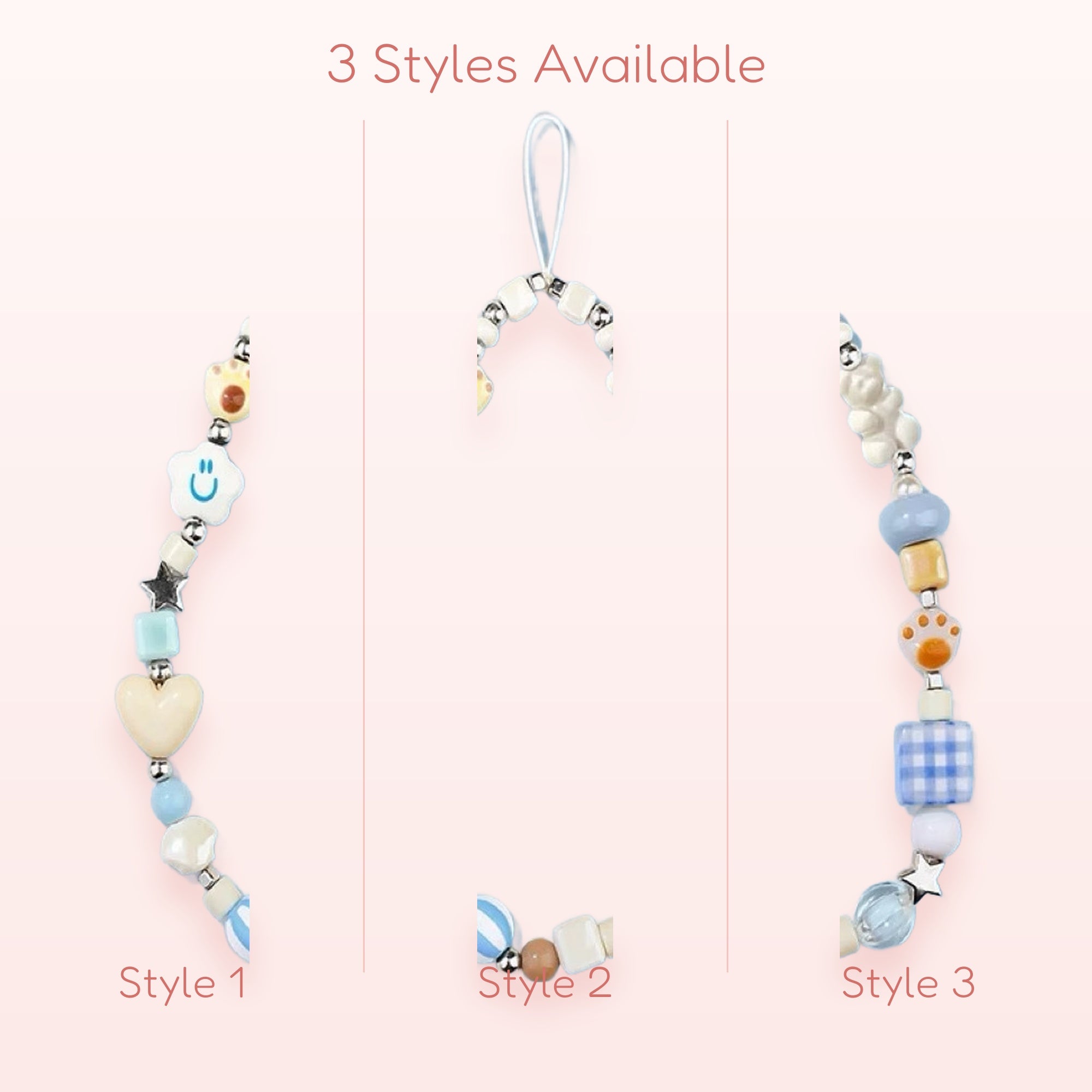 Kawaii Pastel Beaded Phone Charm Strap | Cute Bear & Heart Wrist Lanyard