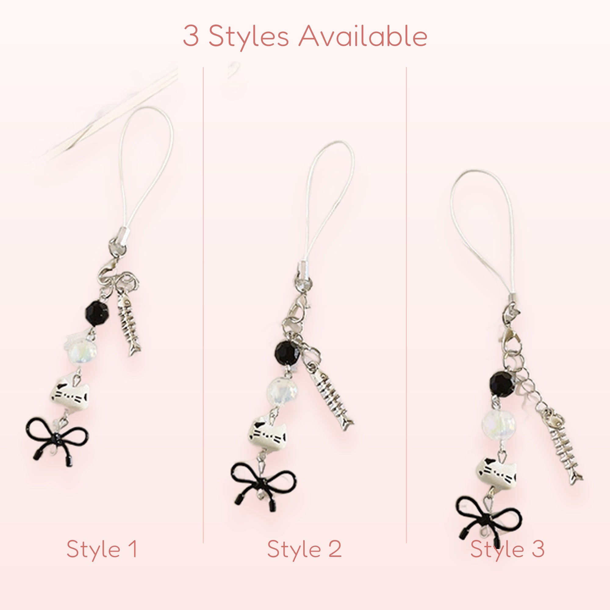 Cute Cat & Fishbone Phone Charm Strap | Black & White Beaded Wrist Lanyard