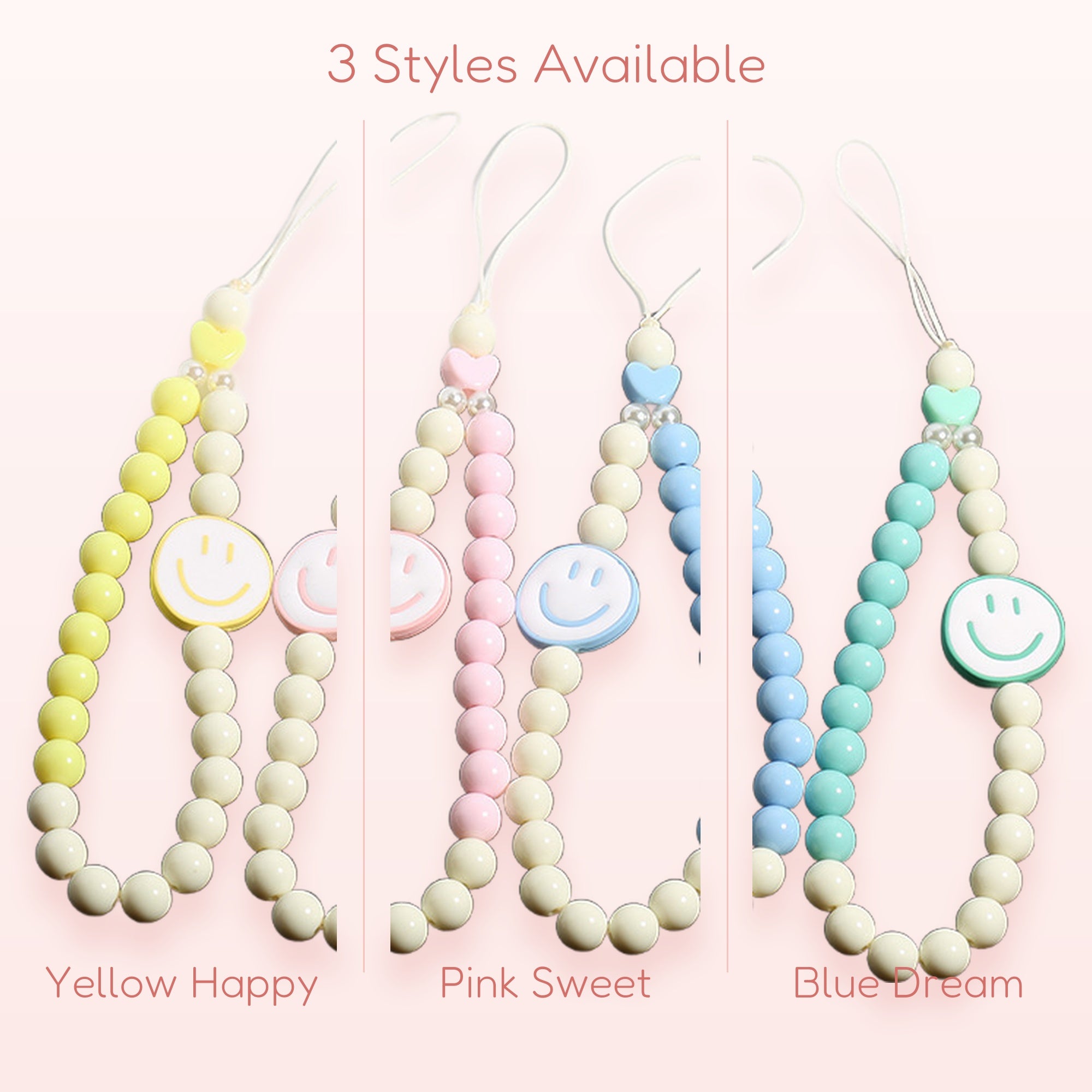 Kawaii Smiley Face Beaded Phone Charm Strap | Pastel Wrist Lanyard | Cute Y2K Aesthetic | Gift for Her | Trendy Phone Accessory
