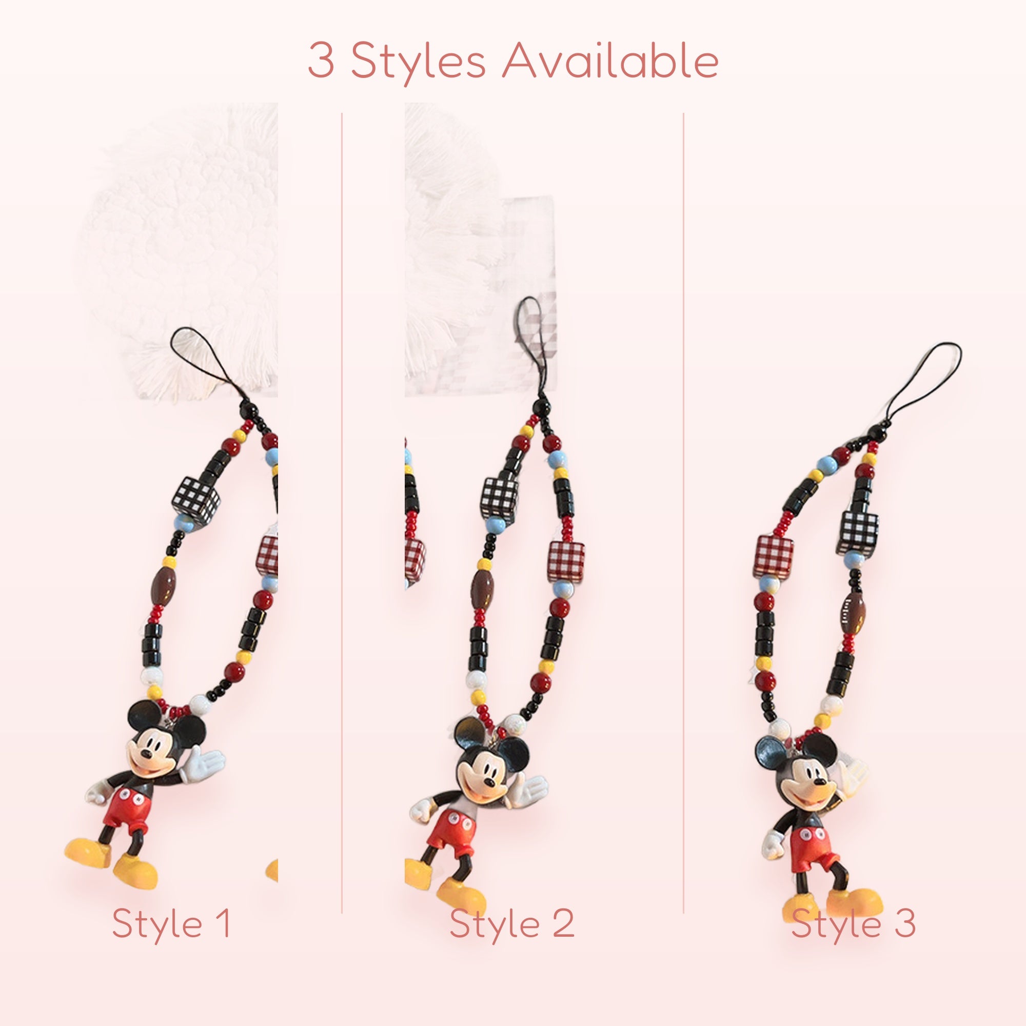 Kawaii Mickey Mouse Beaded Phone Charm | Y2K Black & Red Checkerboard Wrist Strap