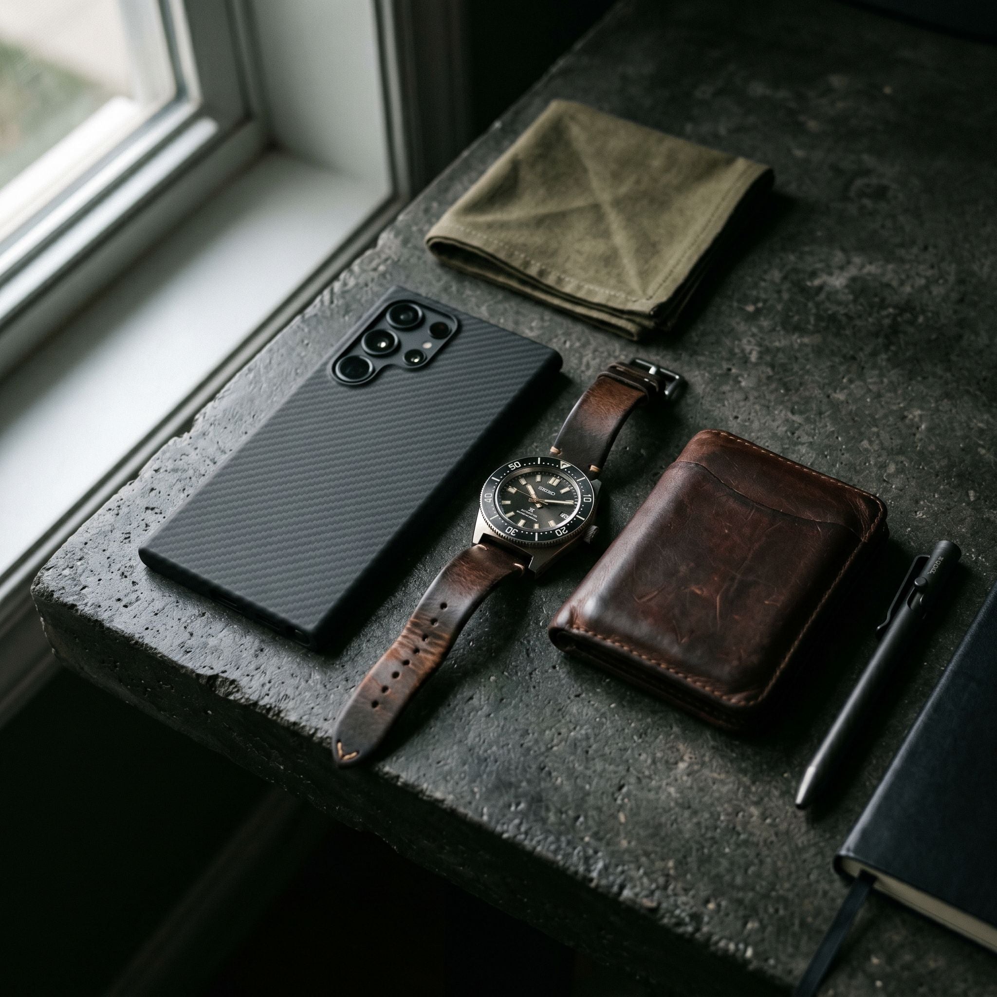 Samsung Galaxy aramid case EDC lifestyle - watch and wallet