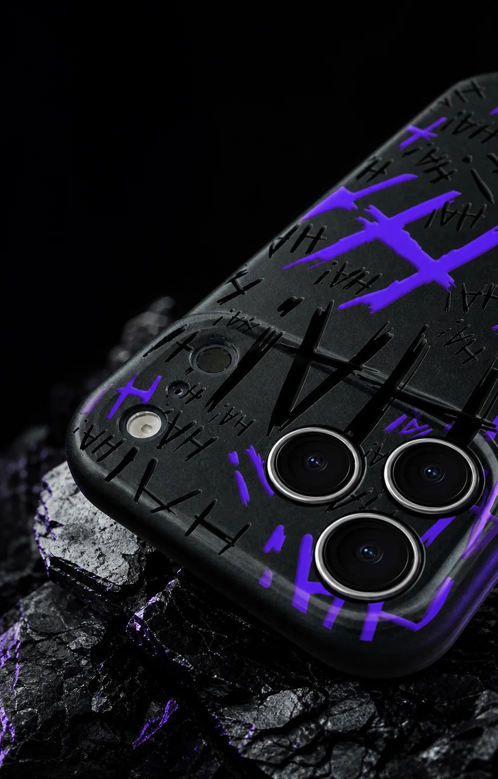 Macro view of the JOKSTER PURPLE covered camera area and precision cutouts
