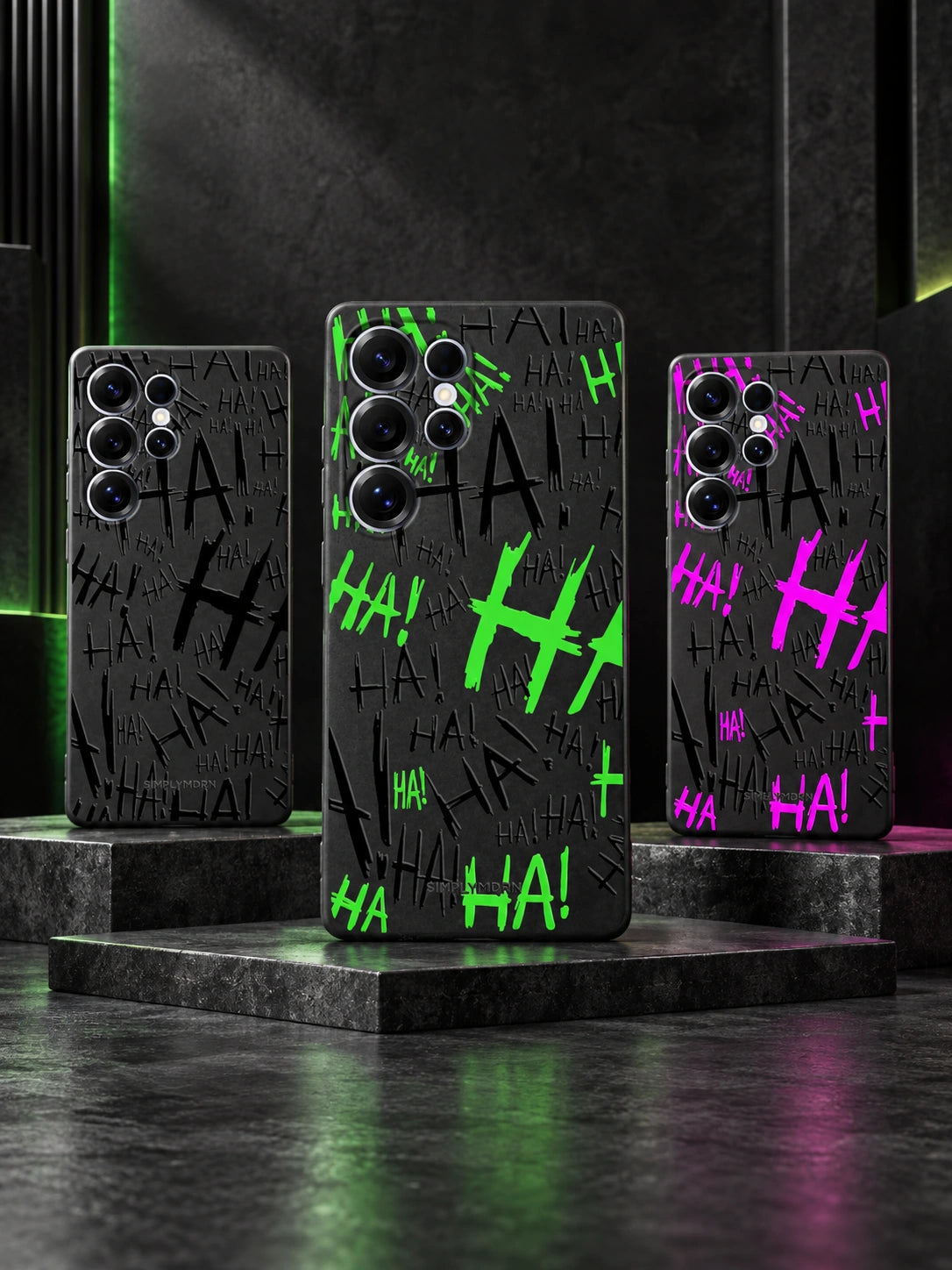 SAMSUNG GALAXY CASES — three SIMPLYMDRN products in a full studio scene