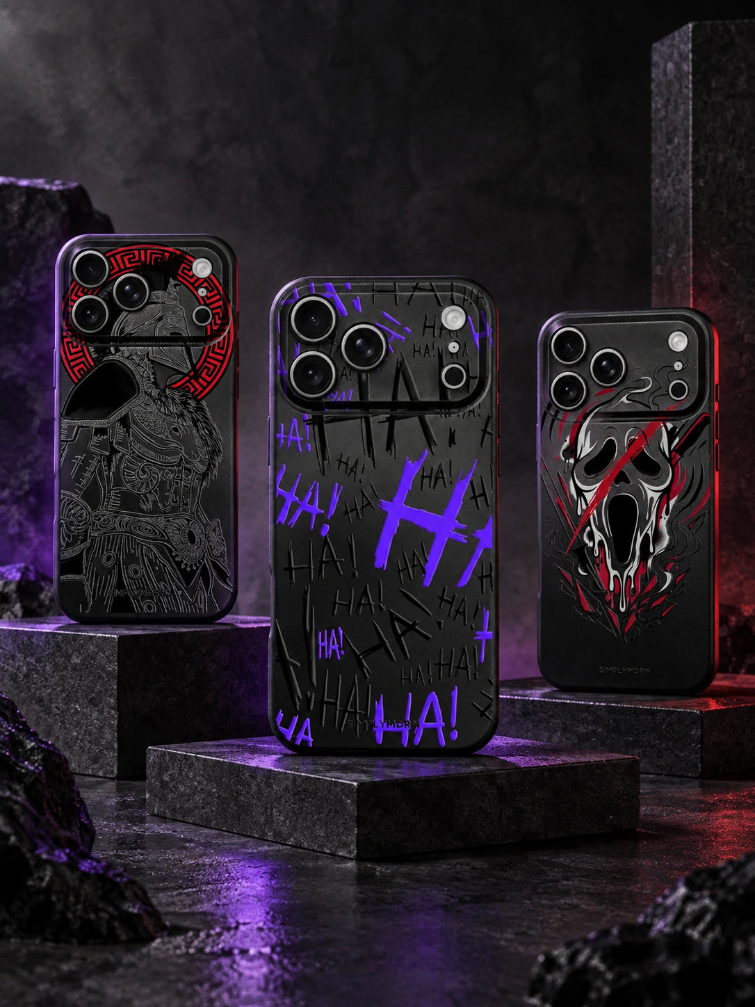 SLIM IPHONE CASES — three SIMPLYMDRN products in a full studio scene