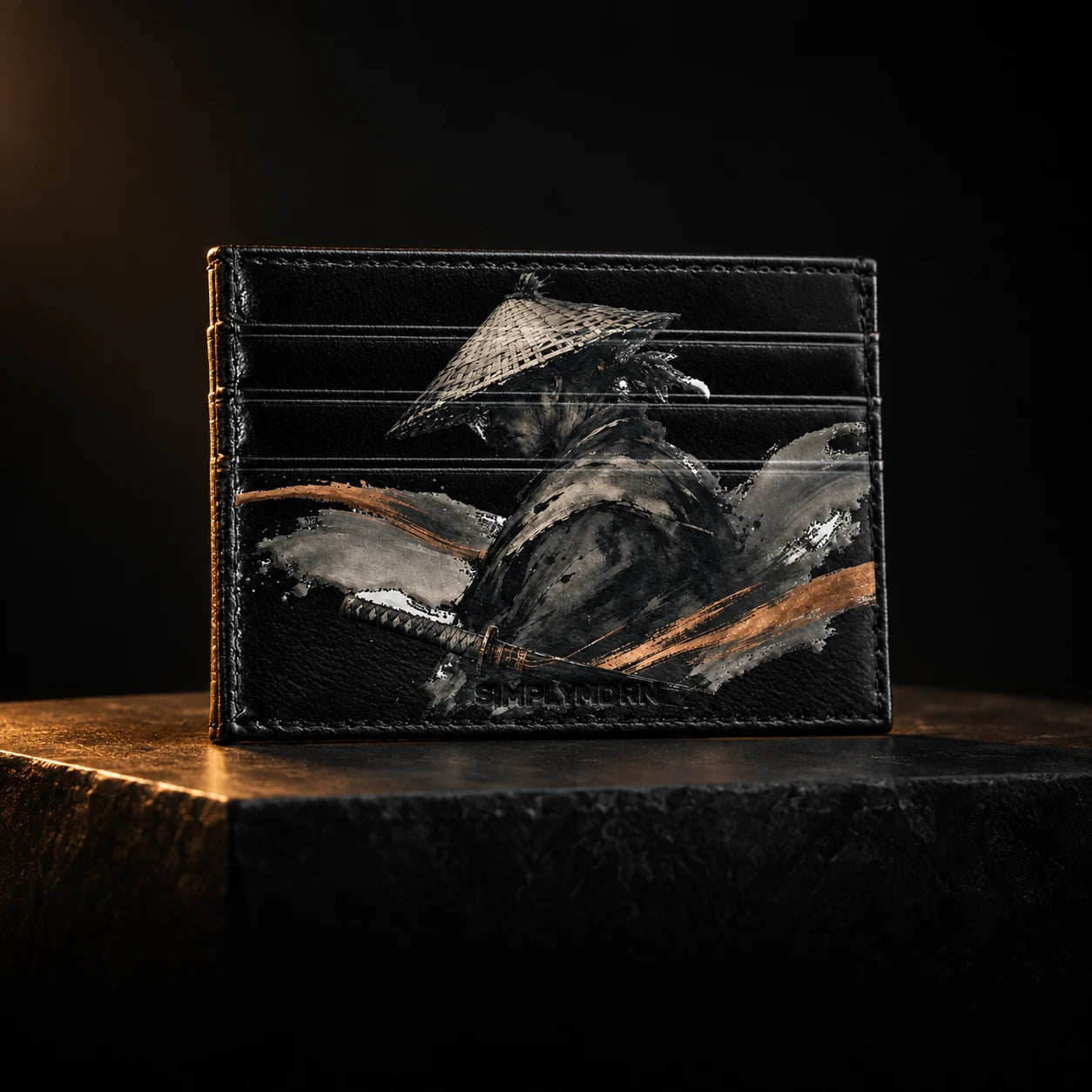 Ink Ronin printed card wallet in a dark studio