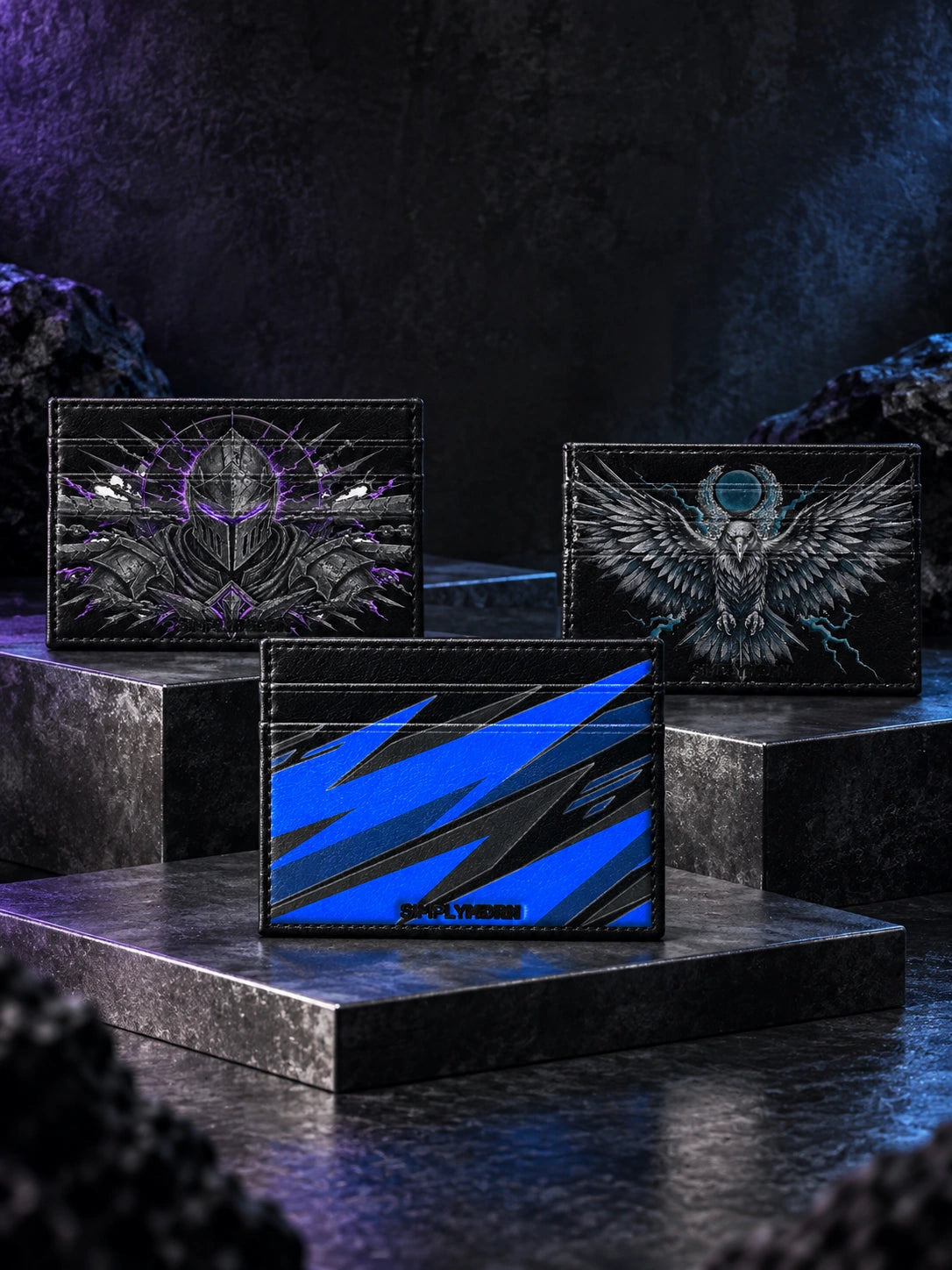 CARD WALLETS — three SIMPLYMDRN products in a full studio scene