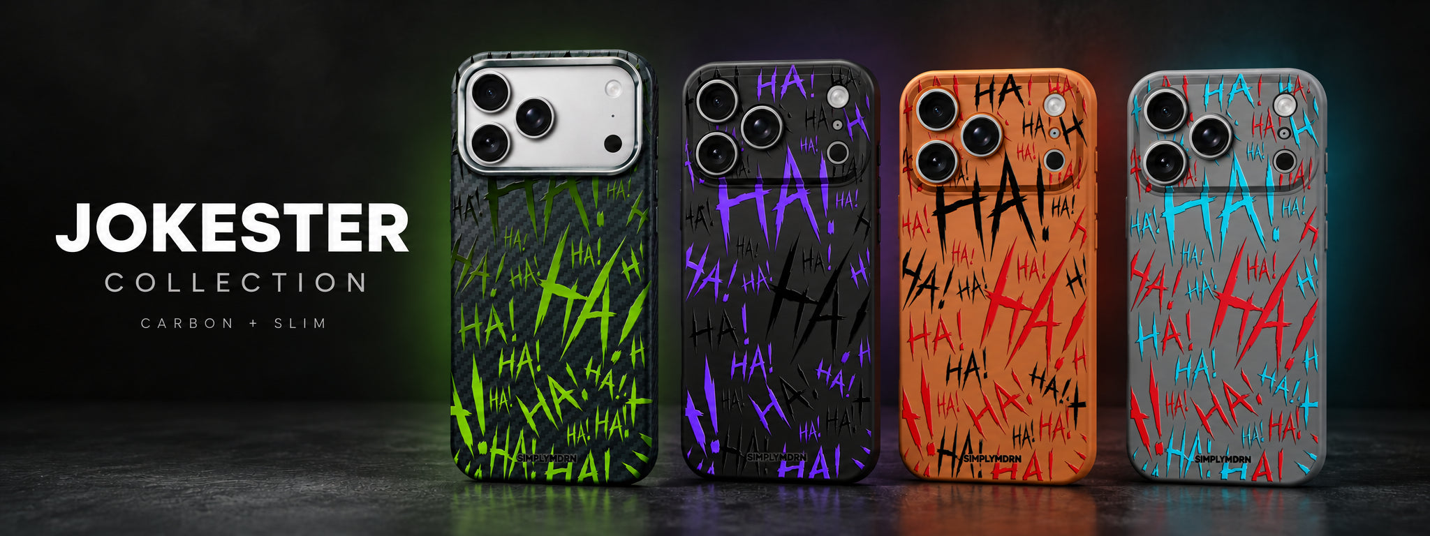 Jokester collection: green Carbon, purple black Slim, red orange Slim and cyan gray Slim phone cases